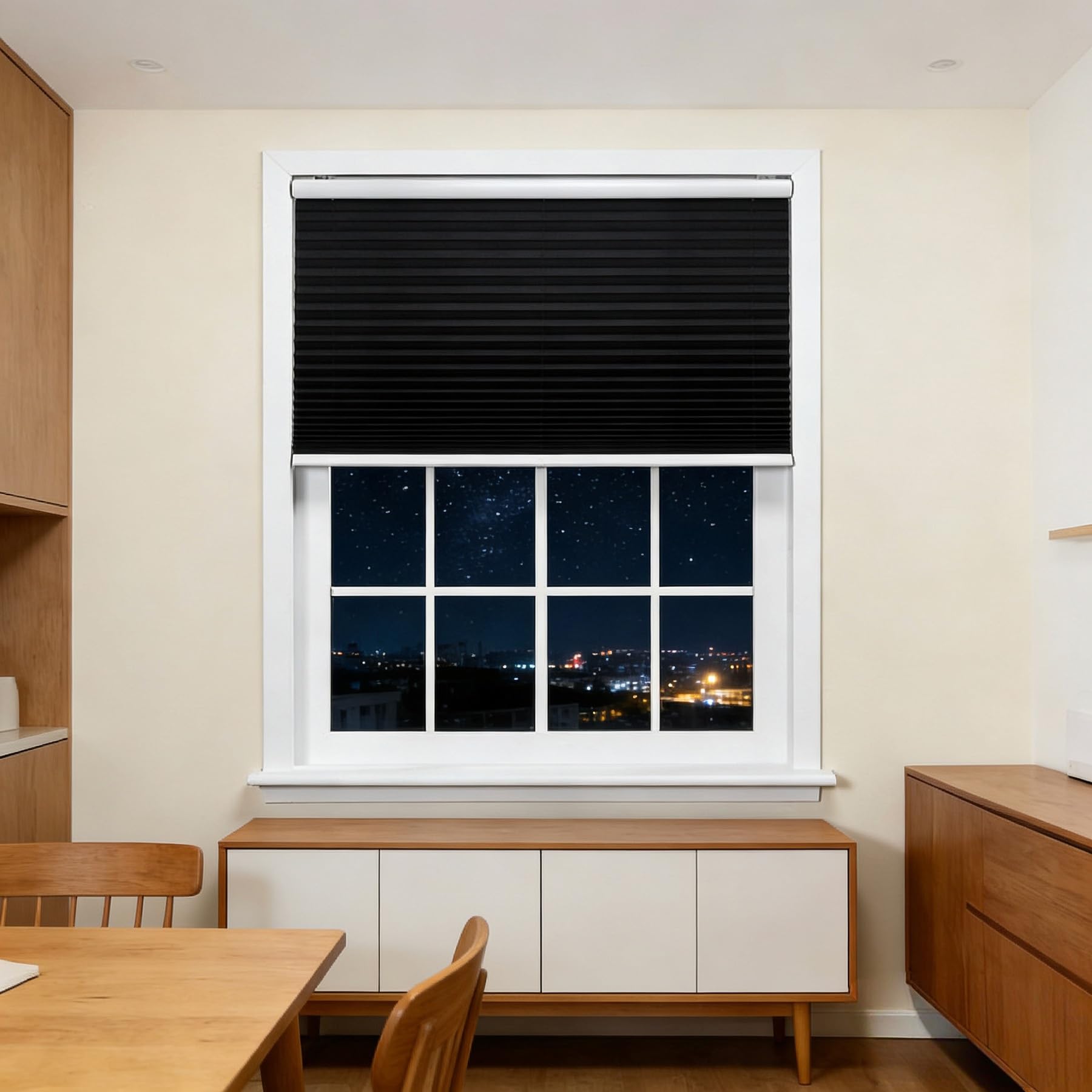 Store plissé 40x215 cm noir opaque pour réguler la lumière du salon