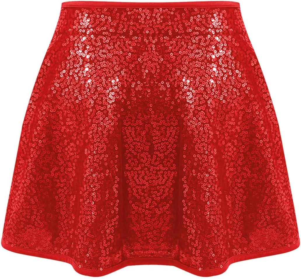 Oyolan Kids Jazz Dance Outfit Sheer Mesh One-shoulder Crop Top Sequin Skirt with Side Zipper for Girls Latin Costume