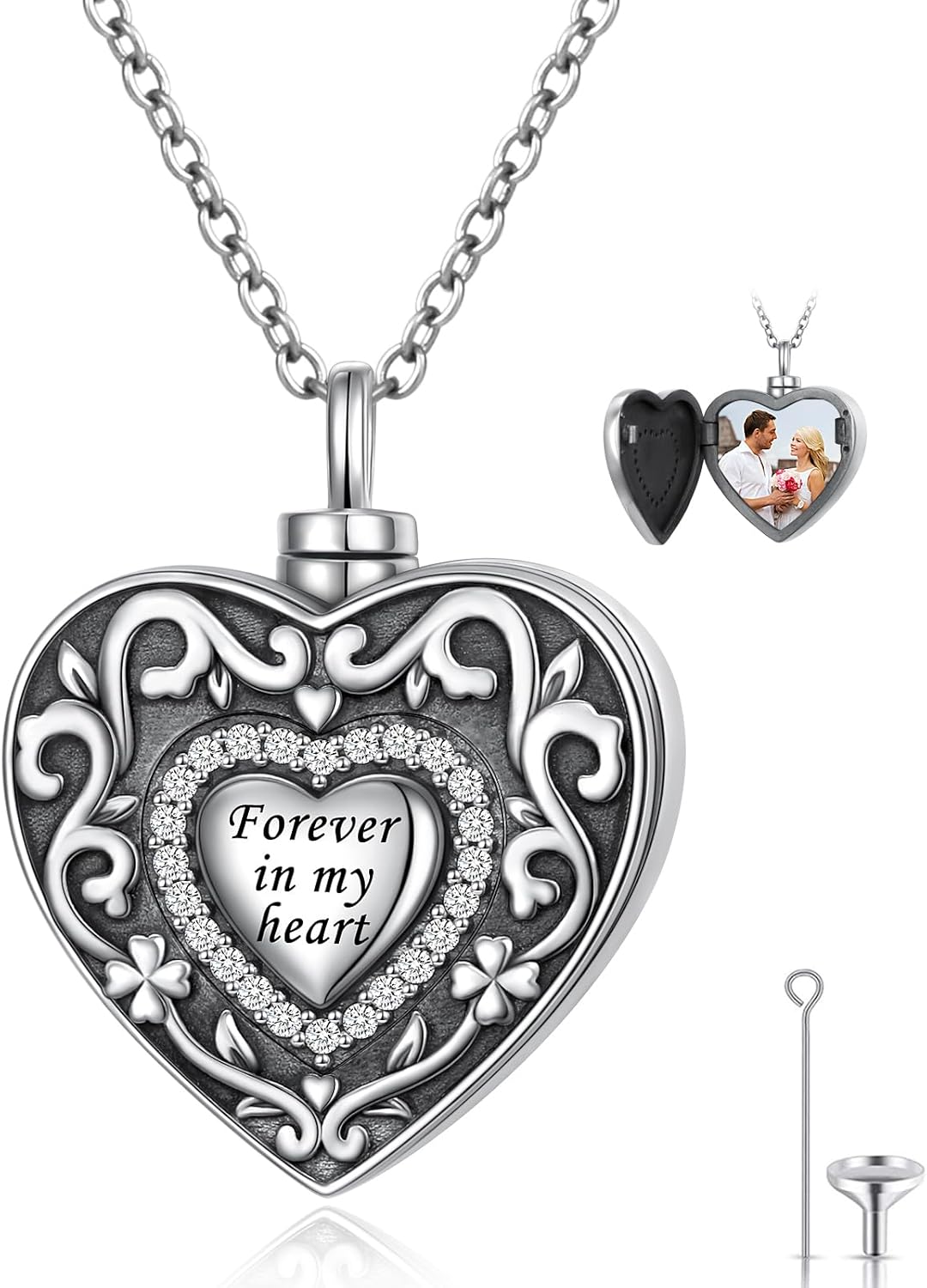 DAOCHONG Heart Urn Necklaces for Ashes for Women Men S925 Sterling Silver Memorial Keepsake Pictures Photo Locket Cremation Jewelry Memorial Human Pet Keepsake Pendant Gift