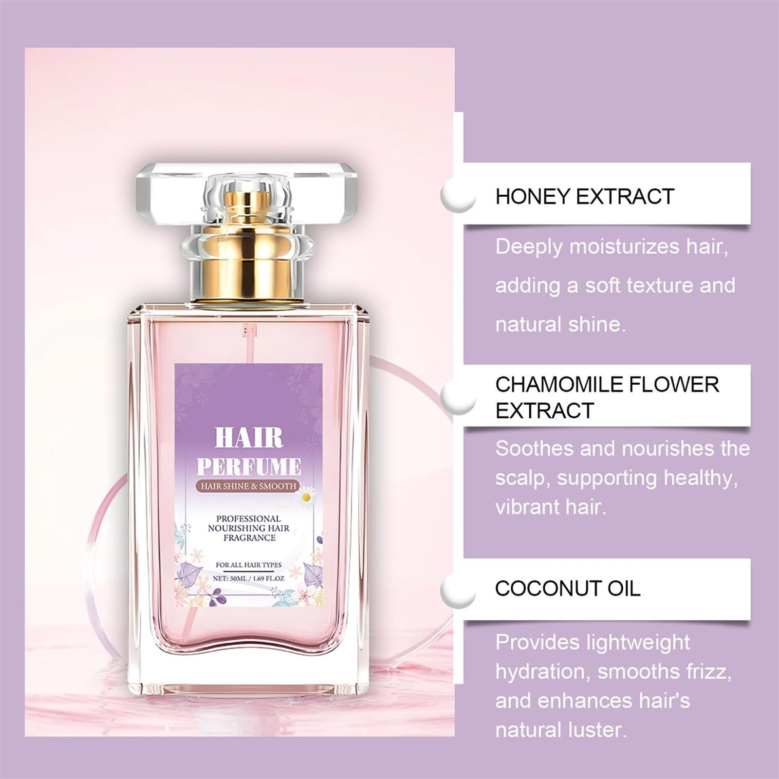 Parfum capillaire pour femme Durée longue, phéromones pour cheveux secs et abîmés Huiles essentielles Brume capillaire anti-frisottis nourrissant (1 pièce)