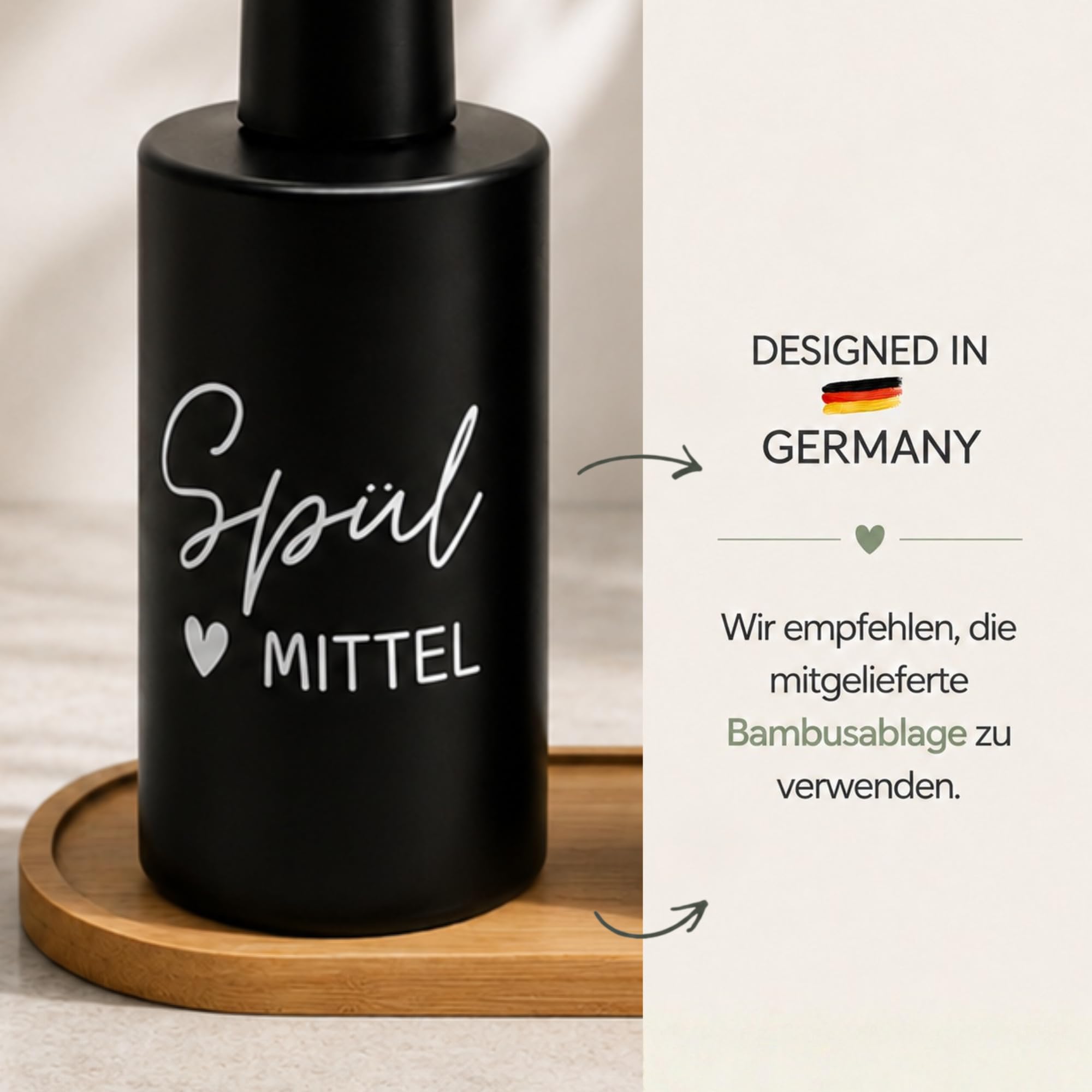 BoBoU 2er Set Glas Seifenspender schwarz matt 320ml Keramik Oberfläche Mattschwarzer Pumpenkopf mit Bambus tablett handgeschriebener Text Spülmittelspender Handseifenspender Küche Bad