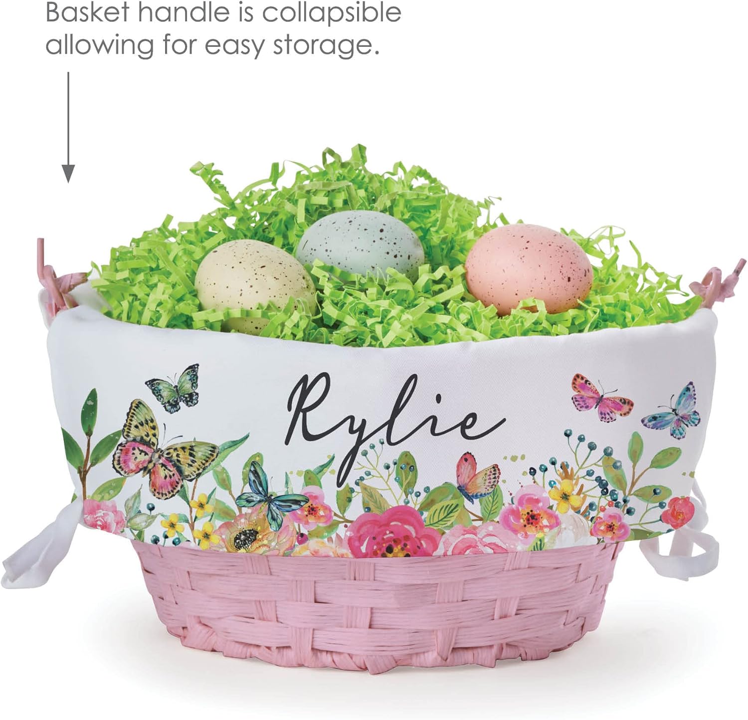 Personalized Easter Egg Basket with Handle and Custom Name | Floral Butterfly Easter Basket Liners | Pink Basket | Woven Easter Baskets for Kids and Adults | Customized Easter Basket | Gift for Easter