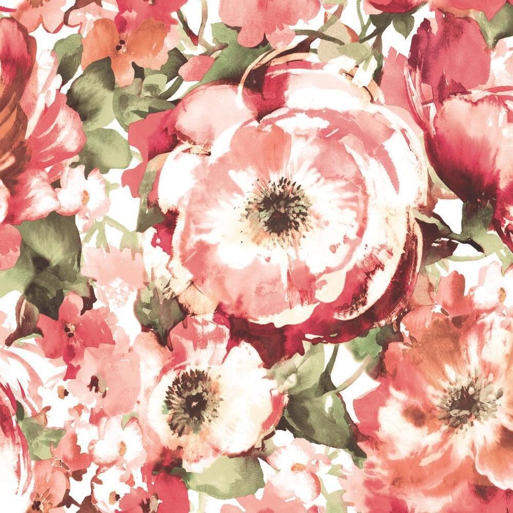 RoomMates RMK11430M Watercolor Red Floral Peel and Stick Wallpaper Mural - 10 ft. x 6 ft