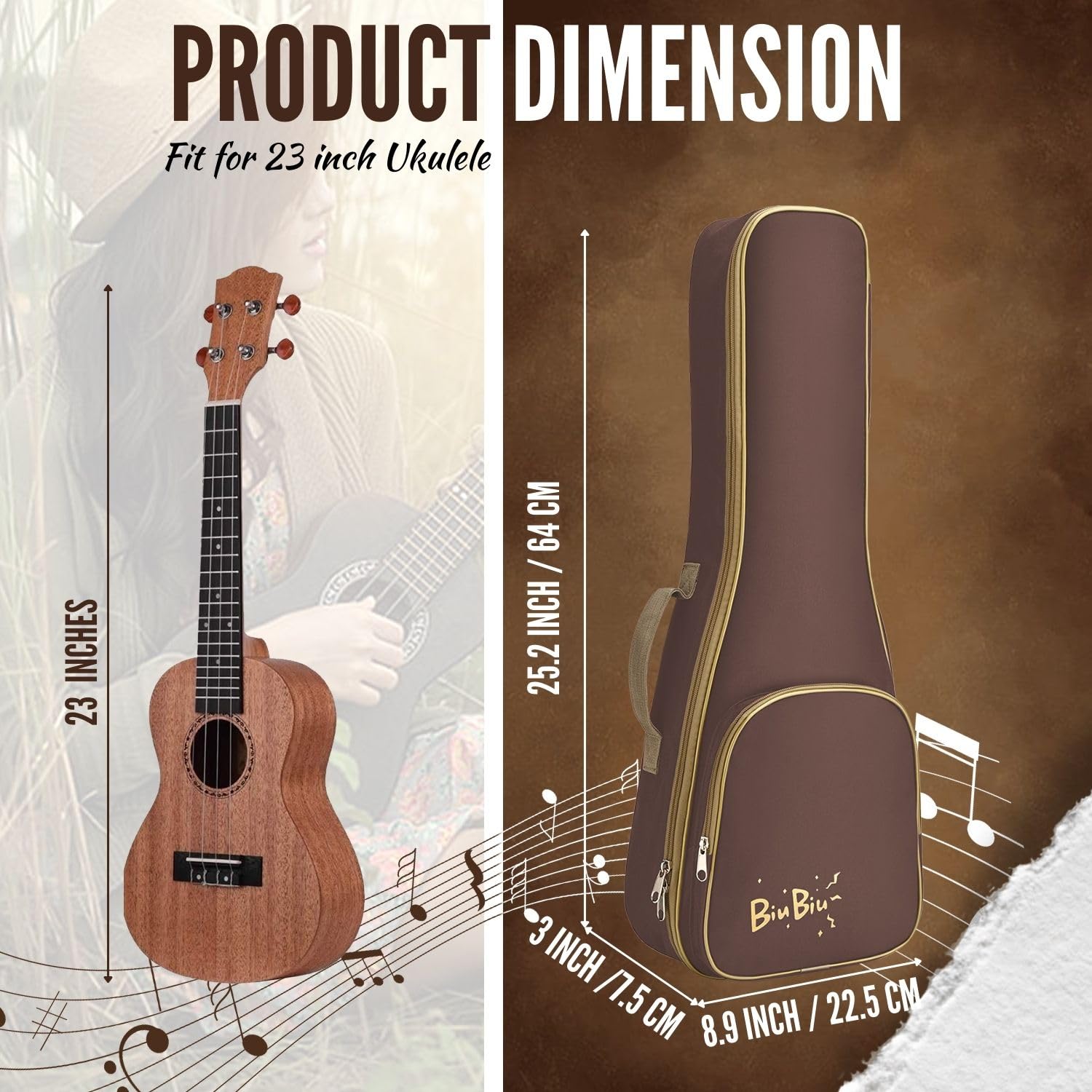 Flexzion Custodia per ukulele, 58 cm, zaino tenore, custodia morbida, impermeabile, con maniglia per il trasporto, tasca e tracolla regolabile, marrone