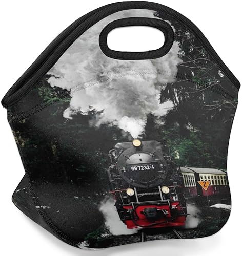 Miniatura 2 de Bolsa de almuerzo de neopreno con estampado de tren de vapor, suave, lavable, reutilizable, aislada, ligera, para preparación de comidas, para