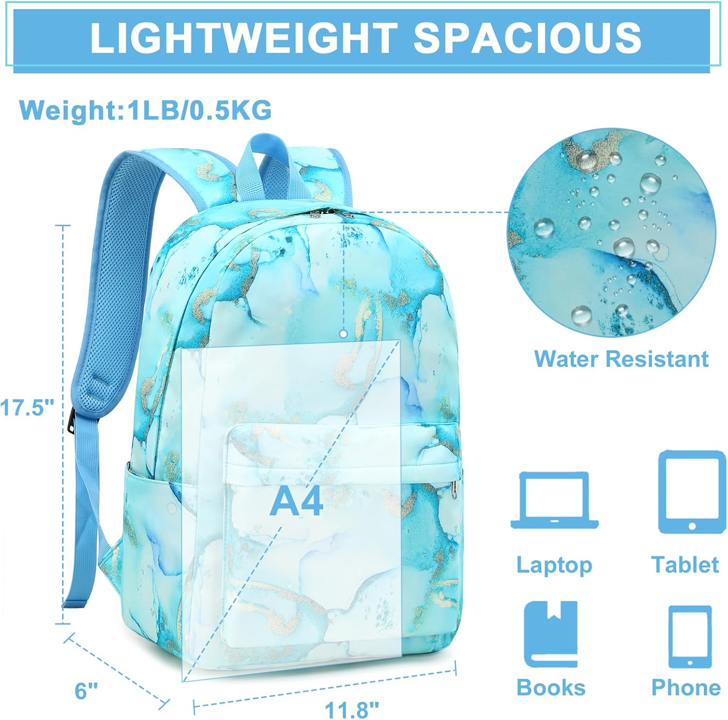 Bluboon Teen Girls School Backpack Kids Bookbag Set with Lunch Box Pencil Case Travel Laptop Backpack Casual Daypacks (Marble Gold blue) - Image 8