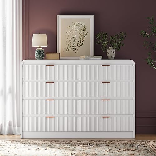 FURSUN Fluted 8 Drawers Dresser for Bedroom, 55" Wide Wooden Dresser with Metal Handle, Curved Profile Design, Modern Storage Organizer for Living Room, Hallway (White)