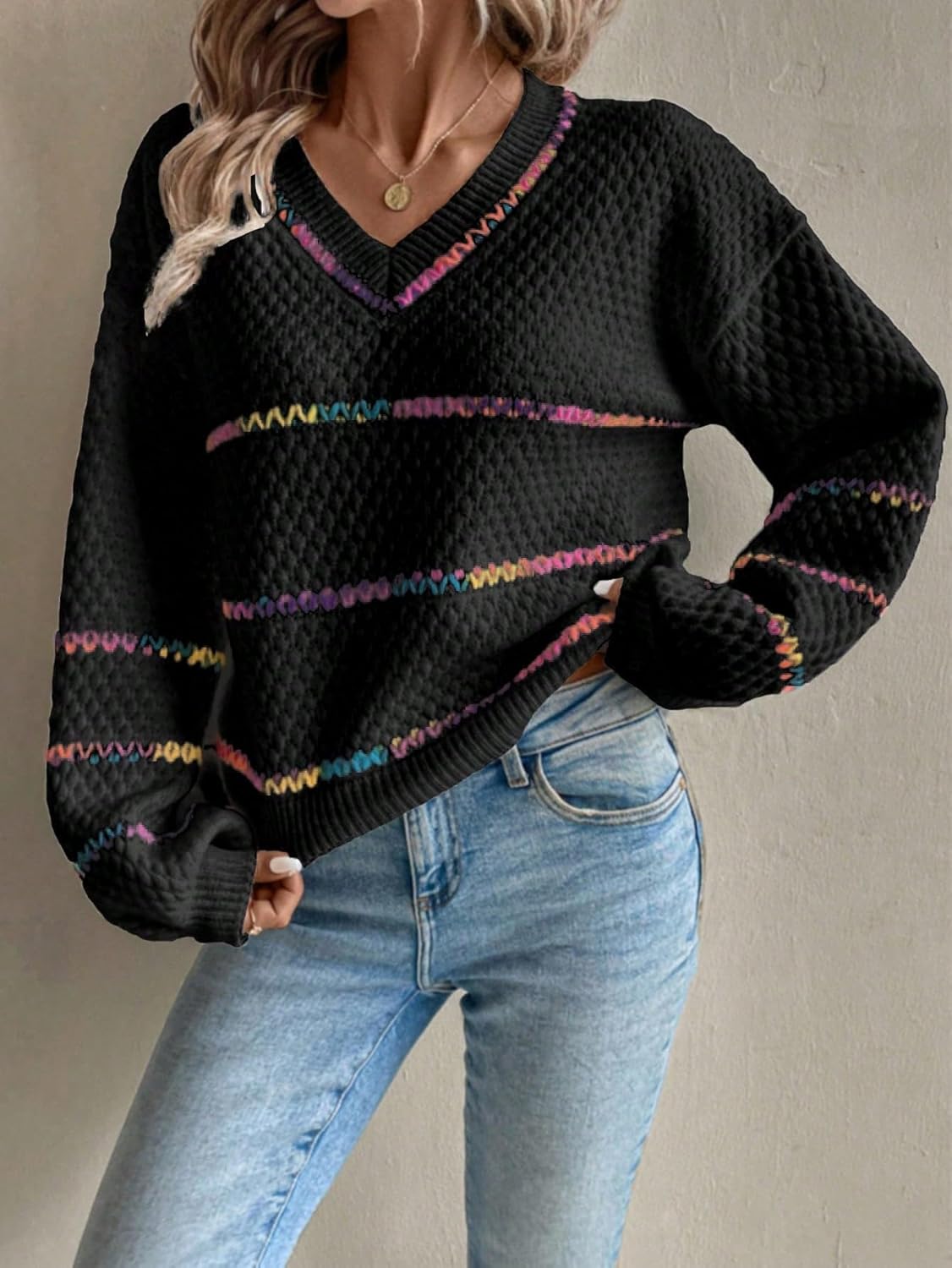 Chvity Women's Colorful Stripes V Neck Knit Sweater Fall Fashion Drop Shoulder Long Sleeve Pullover Sweater - Image 2