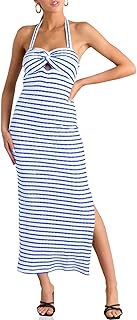 Womens Summer Striped Halter Neck Dress Sexy Twist Front Cut Out High Split Casual Sleeveless Maxi Dress - Buy now