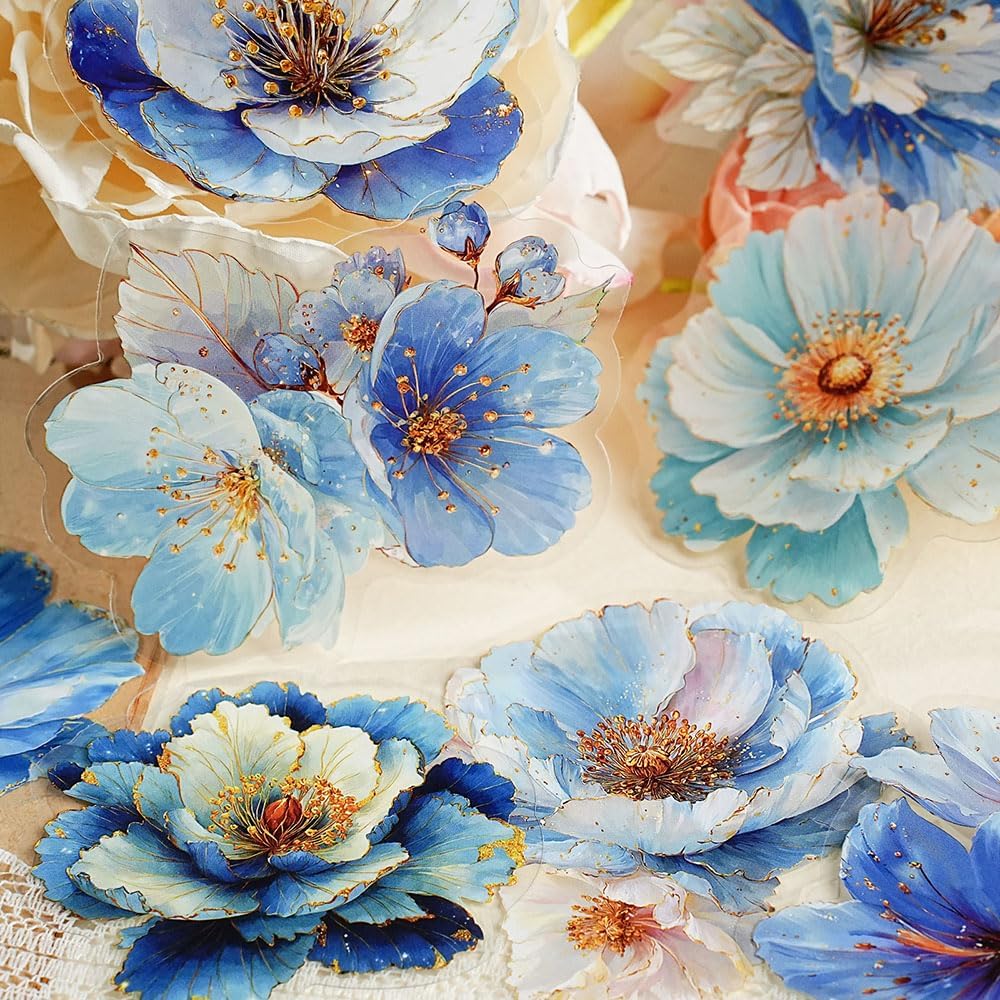 Gilded Blossom Flower Stickers for Scrapbooking Colorful Vintage Aesthetic Stickers Flowers Junk Journal Collage Decoration Pre-Cut PET Flower Decals Floral Scrapbook Stickers Journaling Supplies