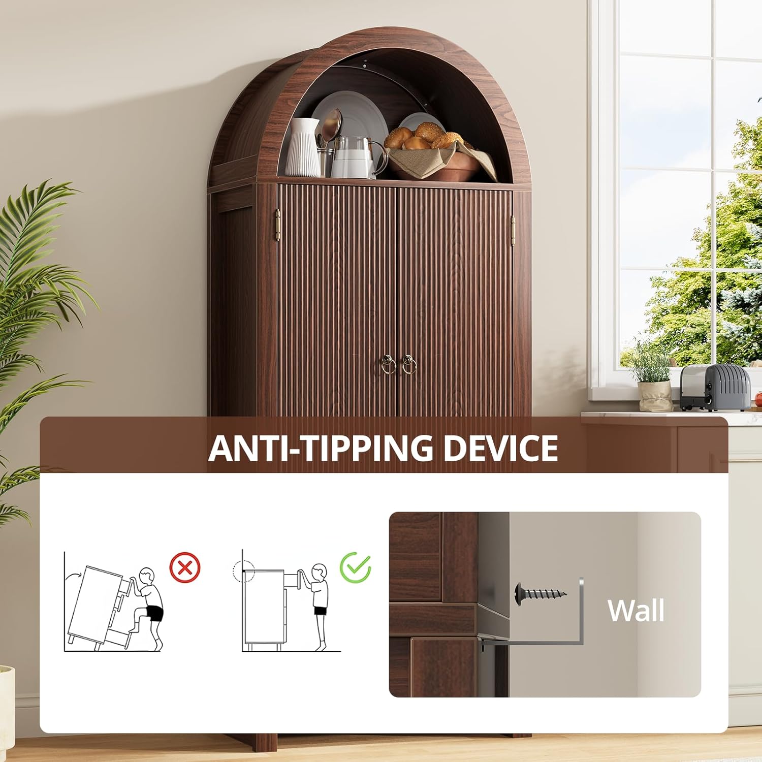 71" Tall Arched Kitchen Pantry, Wood Kitchen Storage Cabinet with 2 Large Drawers and Adjustable Shelves, Versatile Cupboard, Dining Room, Living Room, Bathroom, Walnut