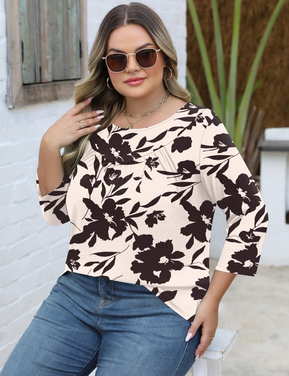 TFSDOD Womens Plus Size Tops 3/4 Length Sleeve Blouses Crew Neck Shirts Casual Loose Tunic Tops 1X-5X - Image 4