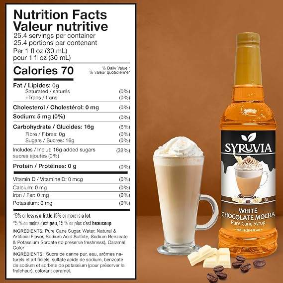 Syruvia White Chocolate Mocha Syrup For Coffee 25.4 Ounces, White Chocolate Mocha Flavoring For Coffee with Pump.
