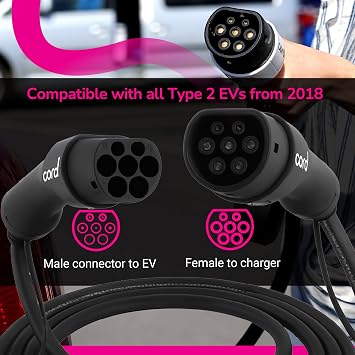 Cord Type 2 to Type 2 EV Charging Cable, 32amp, 7.4kW, 10 Metre, Single Phase, Black & White