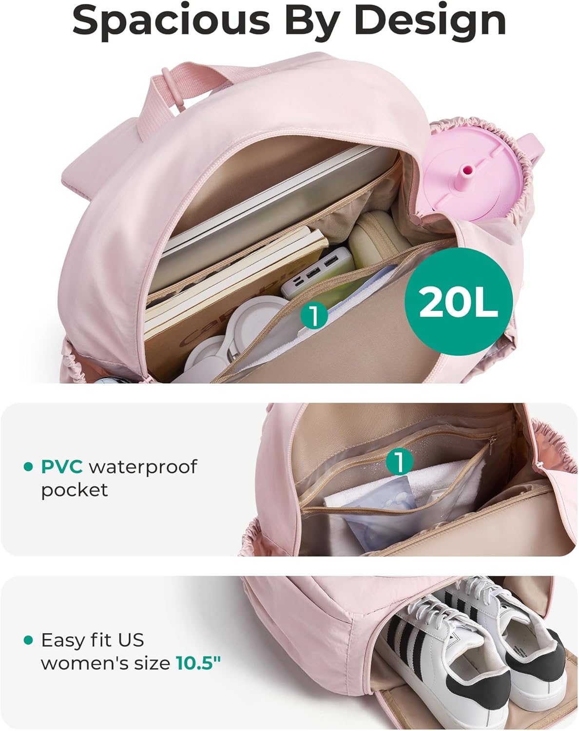 BAGSMART Tennis Gym Bag for Women, Tennis Backpack Holds 2 Rackets with Shoe Compartment, 15.6" Laptop Gym Backpacks for Court, Off-work, Everyday & Overnight Weekend - Image 4