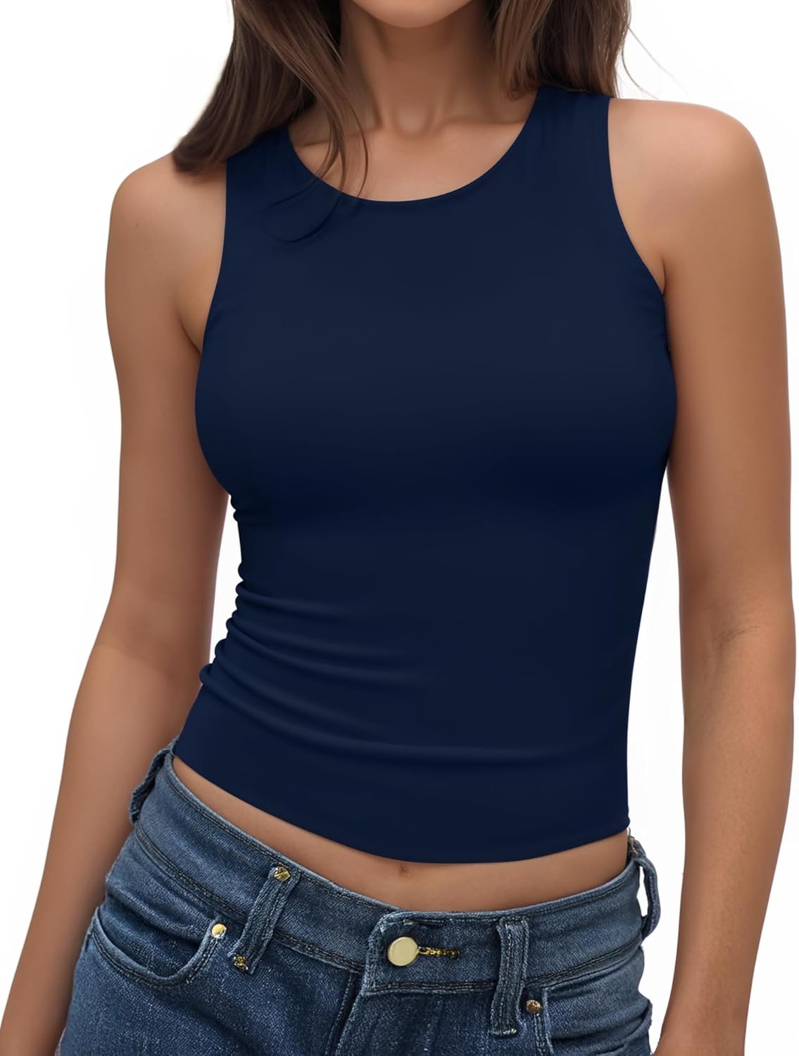 MANGOPOP Tank Top for Women Double Lined Sleeveless Crew Neck Racerback Slim Basic Fitted Summer Shirt