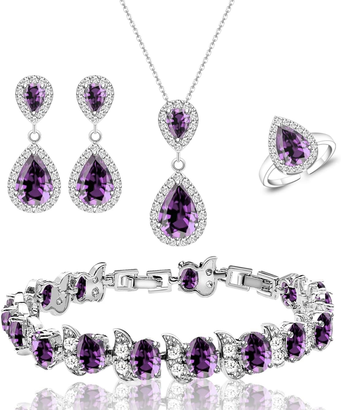 LMXXVJ Teardrop Jewelry Set for Women,Necklace Earrings Adjustable Ring Bracelet Set Fashion Formal Platinum/Gold/Rose Gold Jewelry Gift Girl/Mom/Wife/Grandmother/Best Friend/Aunt