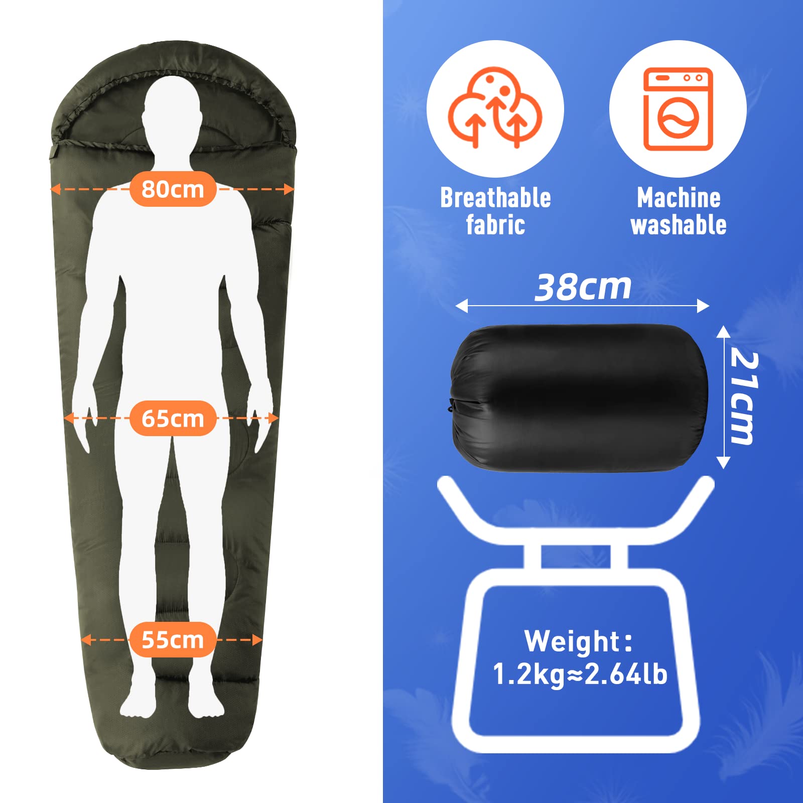 Forceatt Schlafsack, 5℃~25℃ 3-4 Jahreszeiten Outdoor Sommerschlafsack, Ultraleicht Kleines Packmaß Mumienschlafsack, Erwachsene Wasserabweisend Schlafsäcke für Camping, Reise, Festival