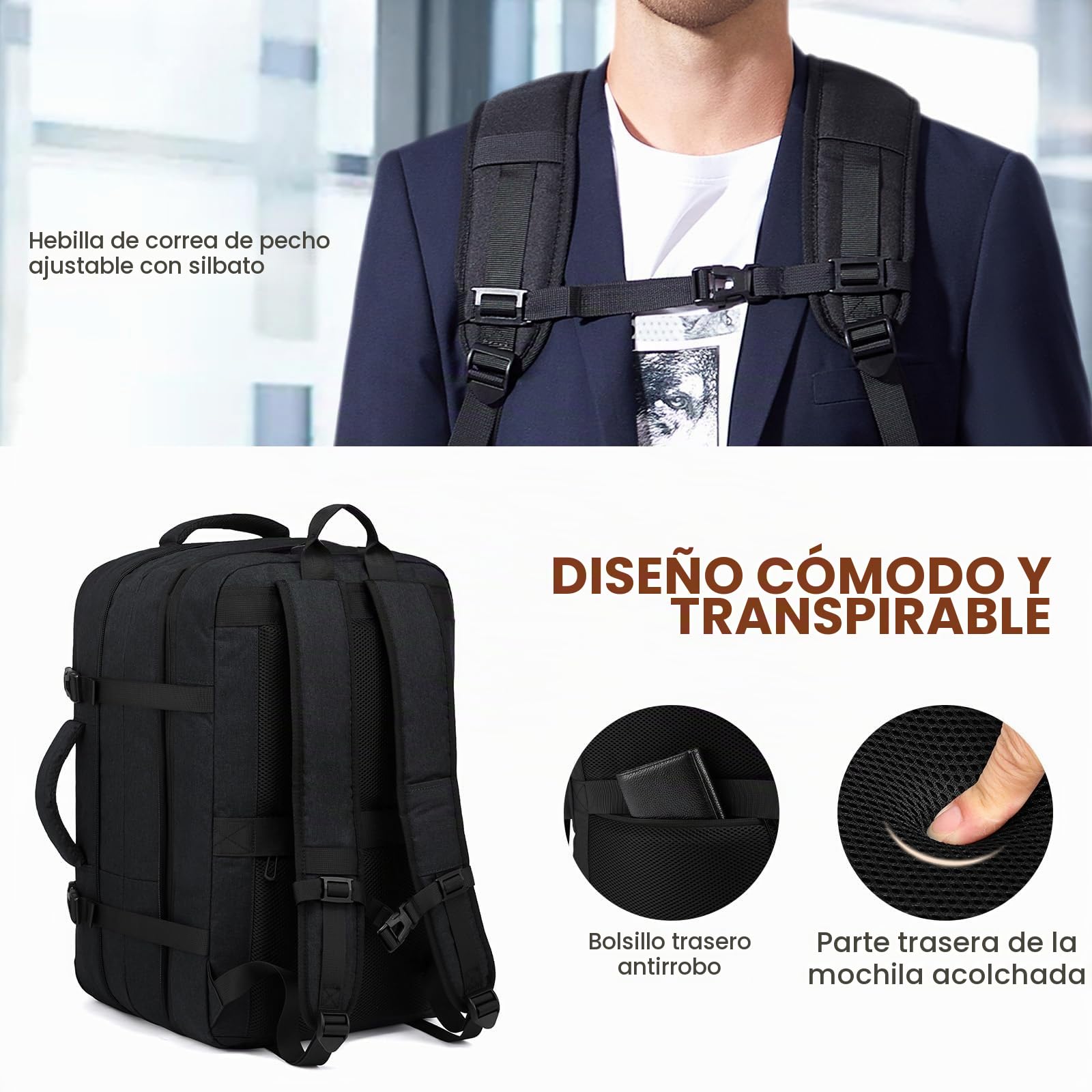 LOVEVOOK Mochila Viaje Cabina Avion Maletas De Viaje Cabina, 50L Equipaje De Mano Mujere Hombre, Mochila Para Portátil 18 Pulgadas, Travel Backpack Cabin Bag para Viagem Trabajo Escuela, Negro