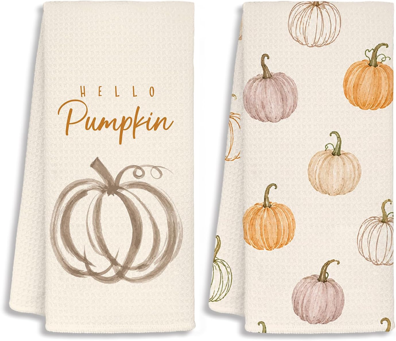 Fall Kiichen Dish Towels Set of 2, Cute Beige Pumpkin Decor