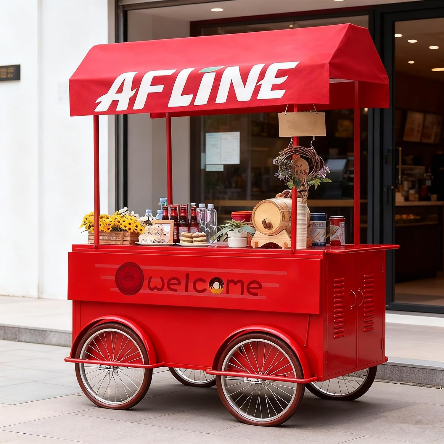 Portable Vendor Cart with Lockable Canopy and Wheels, Snack Cart for Party | Heavy-duty iron frame, Ample storage cabinets,Portable Snack Kiosk for Events and Weddings(Red,160cm/63.0in)