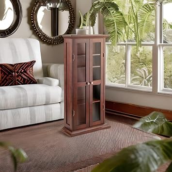 Ergode Walnut Tall Storage Cabinet with Glass Doors | Adjustable Shelves | Compact Media & Display Cabinet for DVDs, CDs, Books