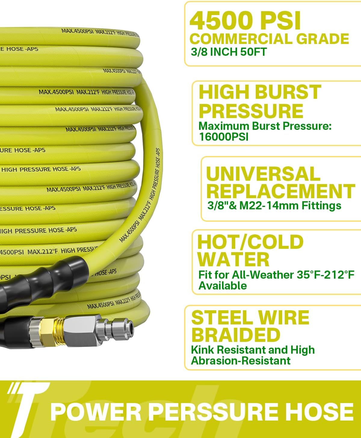 Pressure Washer Hose 50FT 3/8" for Cold and Hot Water 212°F, with Swivel Quick Connect, 4500PSI Kink Resistant Grade Steel Wire Braided, Power Washer Hose With 2pcs M22-14mm Adapter