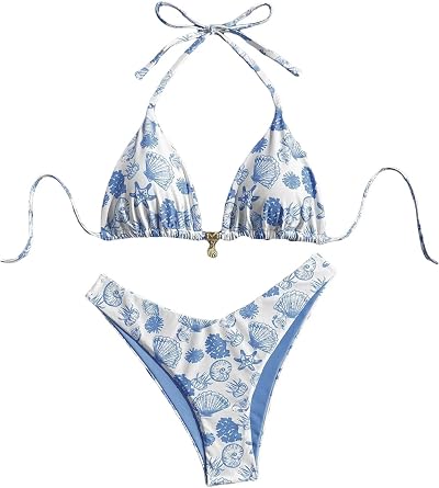 Womens Floral Plants Print Bathing Suit High Waisted Halter Boho Swimsuit Bikini Set