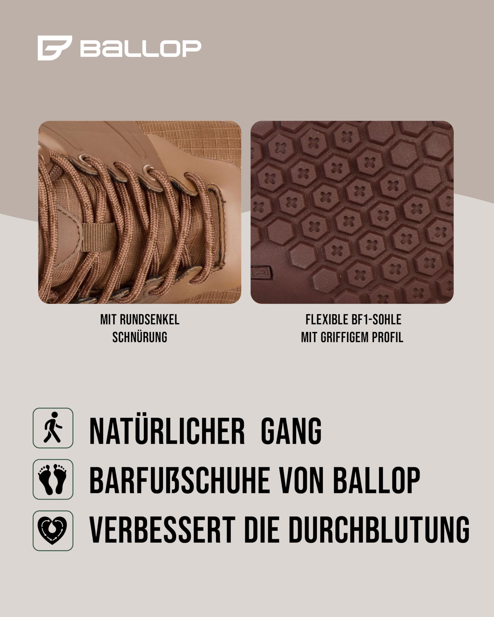 BALLOP Kuluba W Barfußschuhe Damen & Herren Braun – wasserdichte Wanderschuhe für Outdoor-Abenteuer bei jedem Wetter, Natürliches Laufgefühl