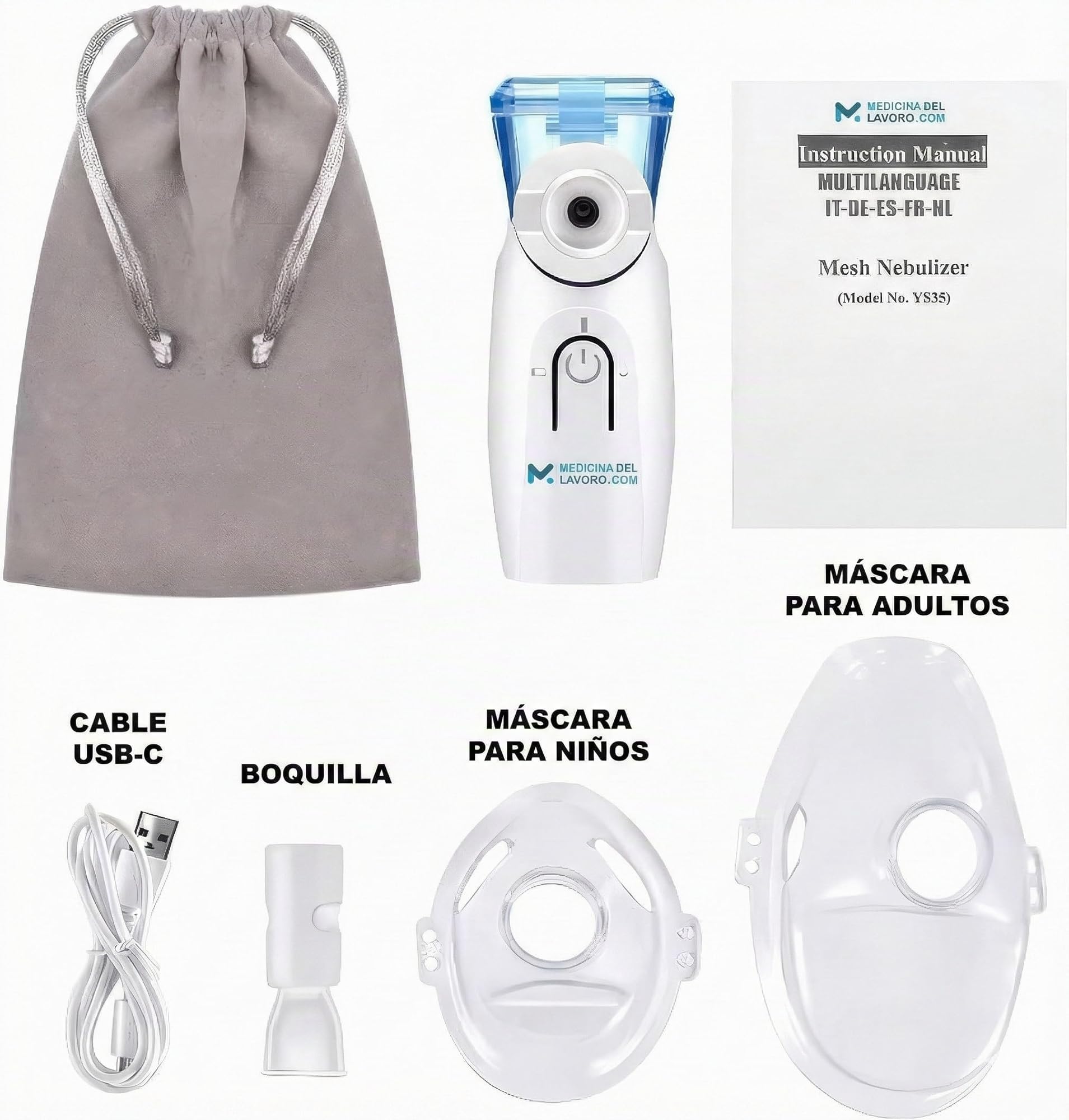 Medicinadellavoro.com - Nebulizador Bebe, Adultos y Niños Portátil Silencioso con USB-C, Batería Recargable y 2 Mascarillas, Inhalador de Vapor Nasal para Tos, Asma y Resfriado, Aerosoles