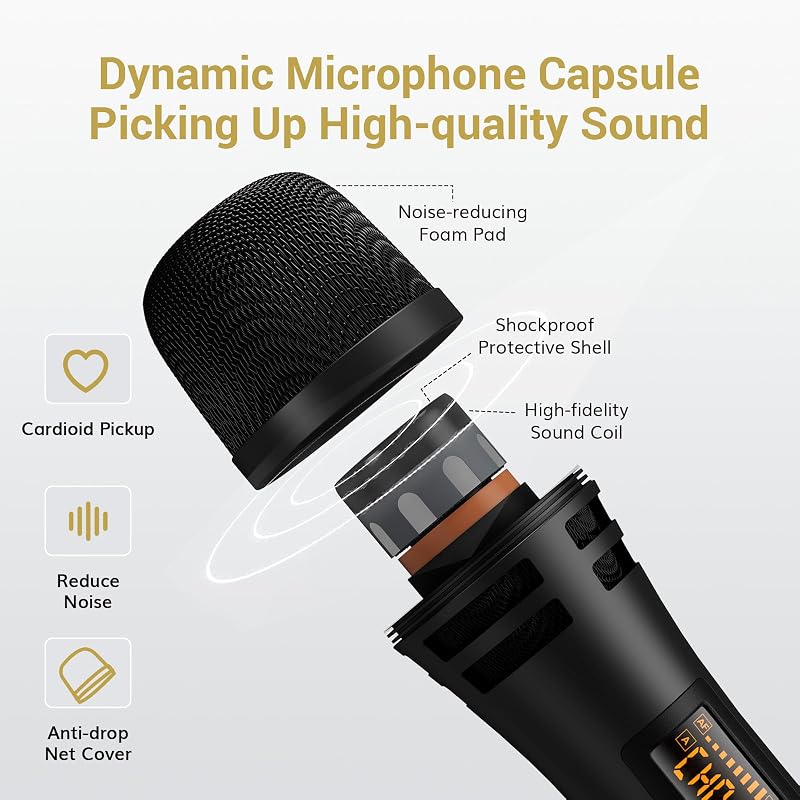 Microfon dinamic wireless de mână TONOR cu receptor, rază de acțiune 60 m, pentru amplificator, PA, karaoke, nuntă, conferință, negru TW310