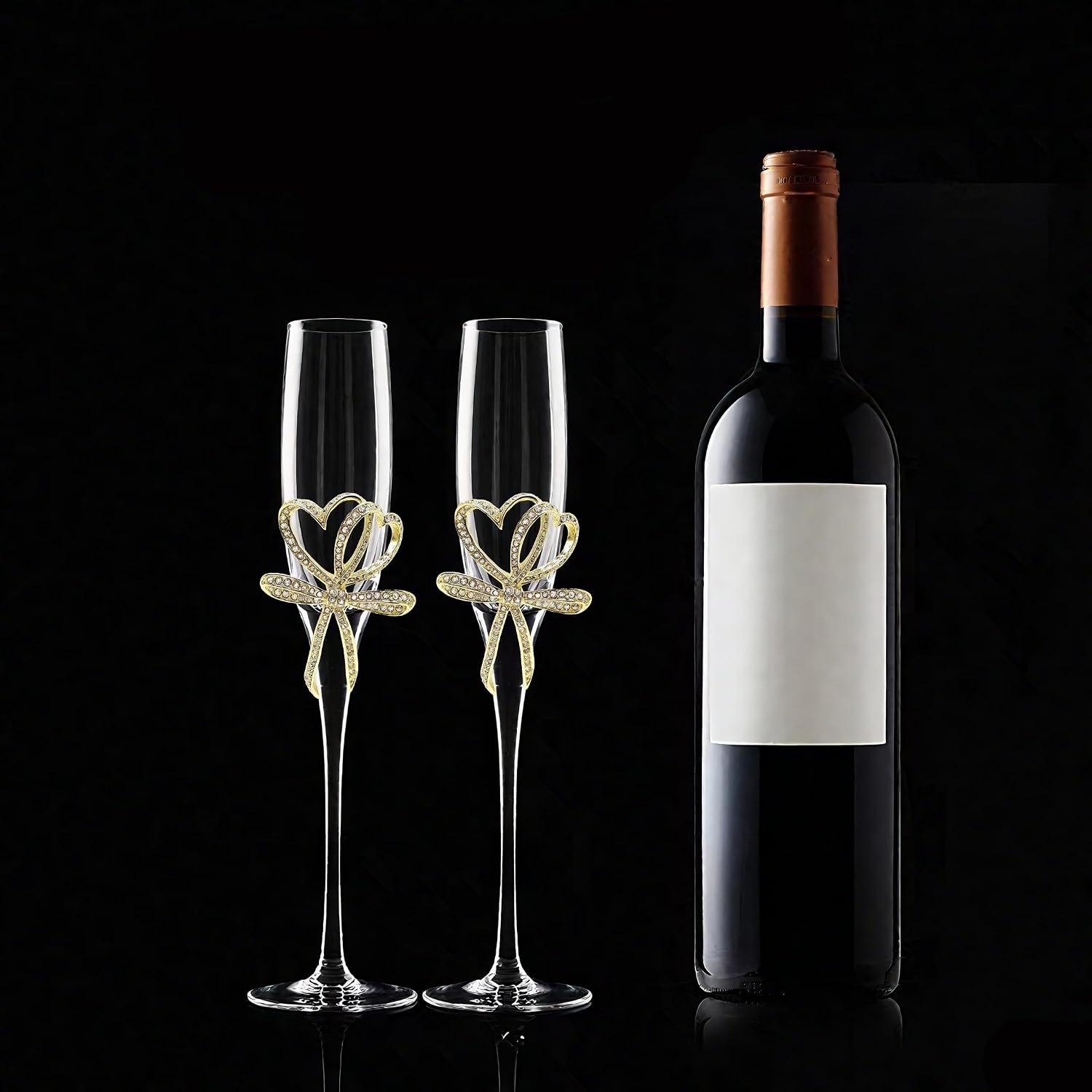 Gold Champagne Flutes - Set of 2 Hand Blown Champagne Glasses wtih Metal Accent DOUBLE HEARTS - Gifts for Birthday,Wedding, Mother’s Day - 6 oz (Modern, Gold)