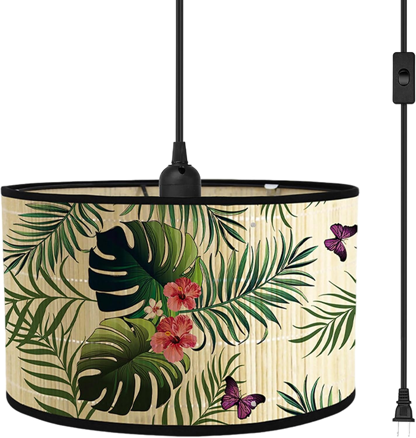 Bioaqua Boho Plug in Hanging Light with 15FT Cord,Bamboo Macrame Lamp Shade,Pendant Lamp for Kitchen Island Bedroom Living Room Indoor Lamp Decor Hanging Light Fixture