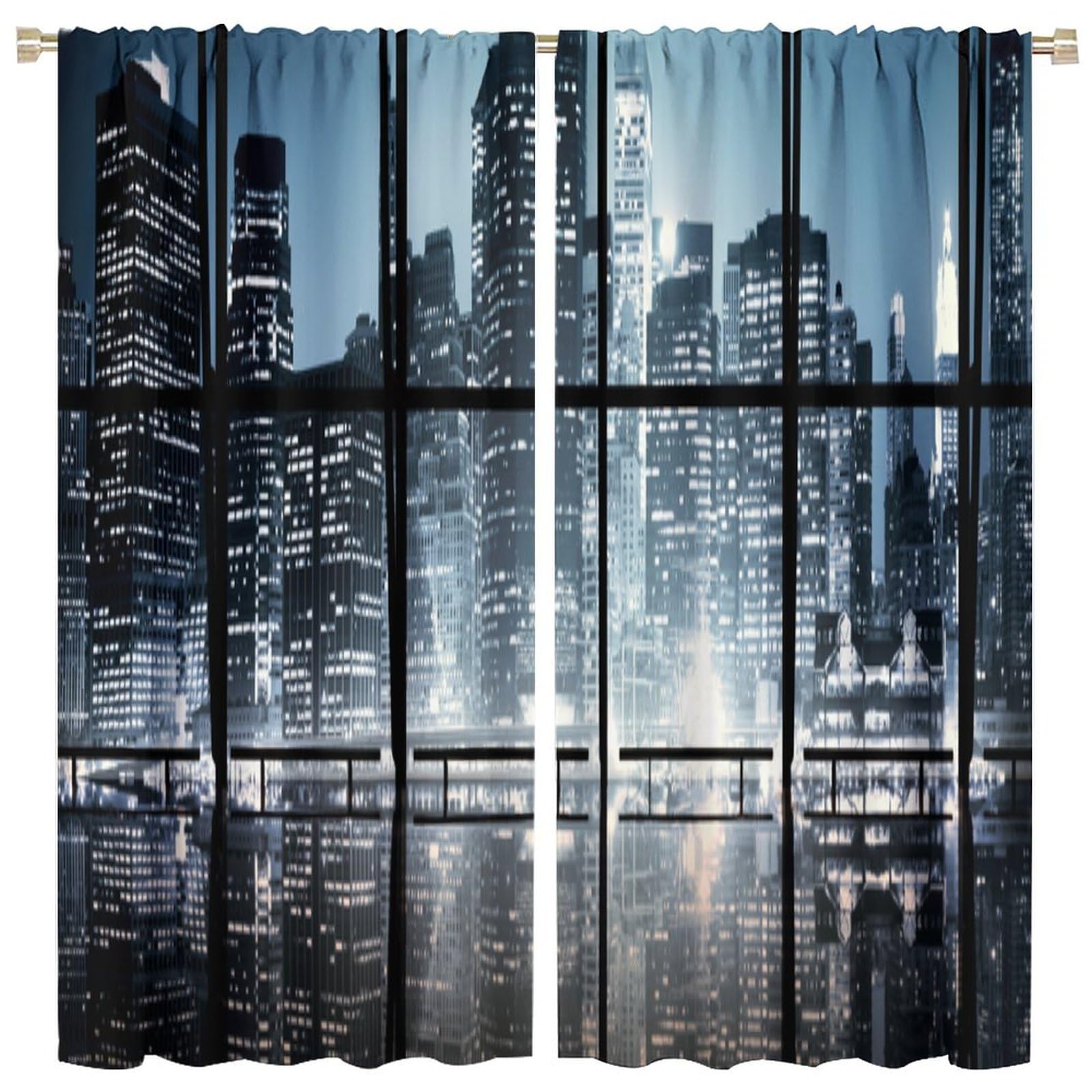 Modern Curtains, Modern New York City Scenery at Night with Skyscrapers Buildings Print Thermal Insulated Room Darkening Curtains for Living Room Bedroom Drapes 2 Panels 52x84in