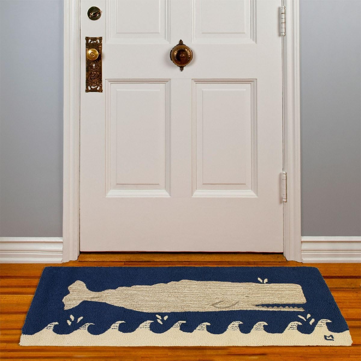 Chandler 4 Corners Artist-Designed Great White Whale on Navy Hand-Hooked Wool Runner Rug (30 in x 96 in) Marine Life-Themed Rug for Entryways, Hallways, Living Rooms, Easy Care Nautical Runner Rug