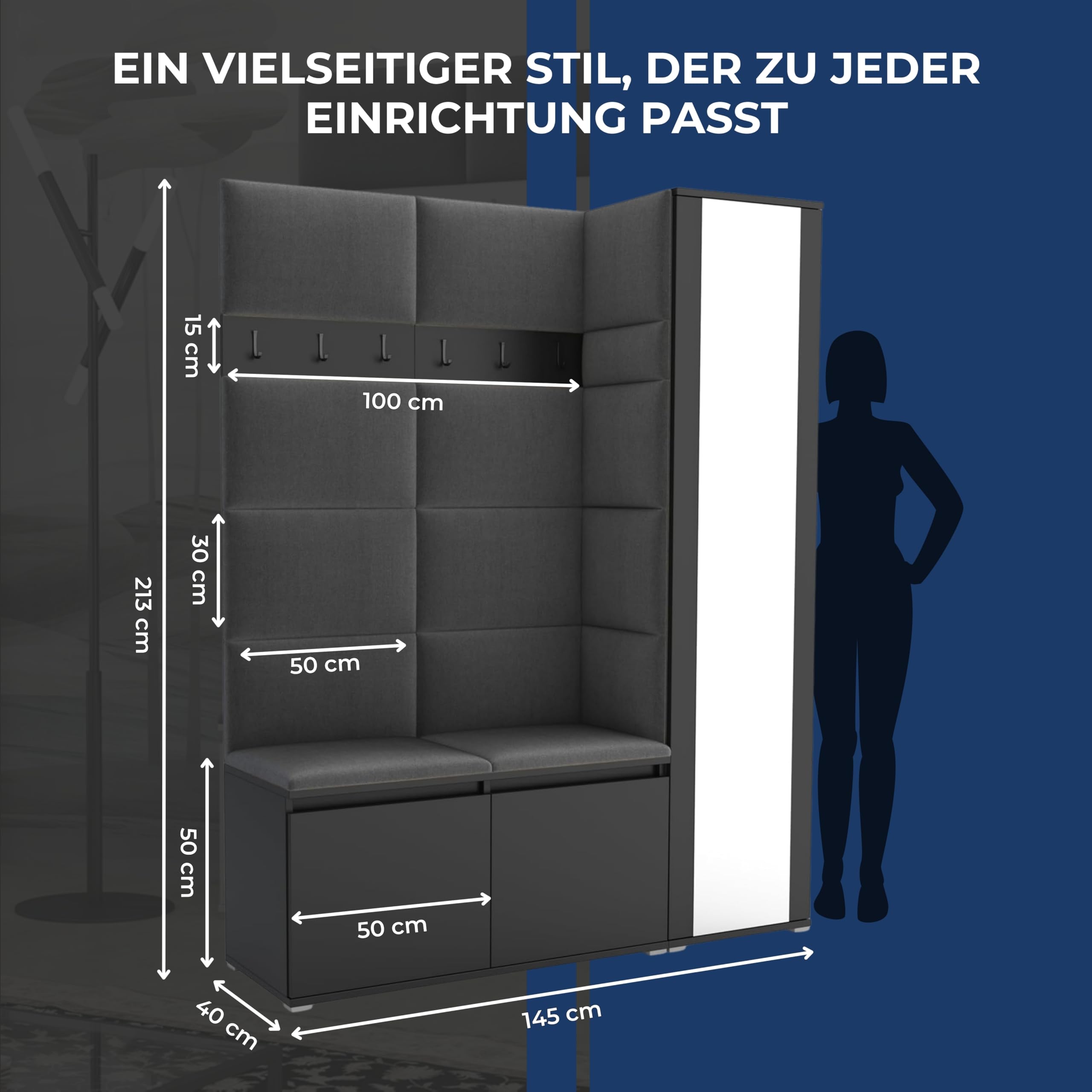 Brent Garderobenschrank Flur Schwarz mit Sitzbank 145 cm Breit Luton 7 Multifunktionale Flurgarderobe Set mit Stauraum und Wandpaneel