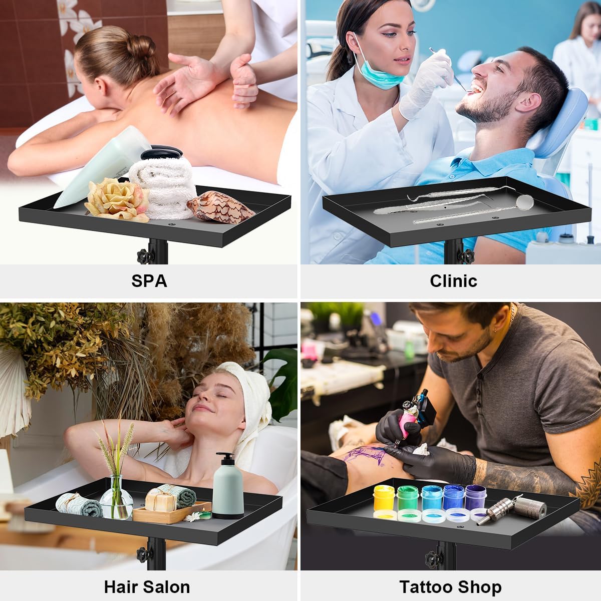 Salon Tray on Wheels, Salon Tray Cart Tattoo Tray Rolling Trolley, Hair Stylist Tray Height Adjustable, Dental Tray Hairdresser Tray Rolling Table Tray Cart (Black)