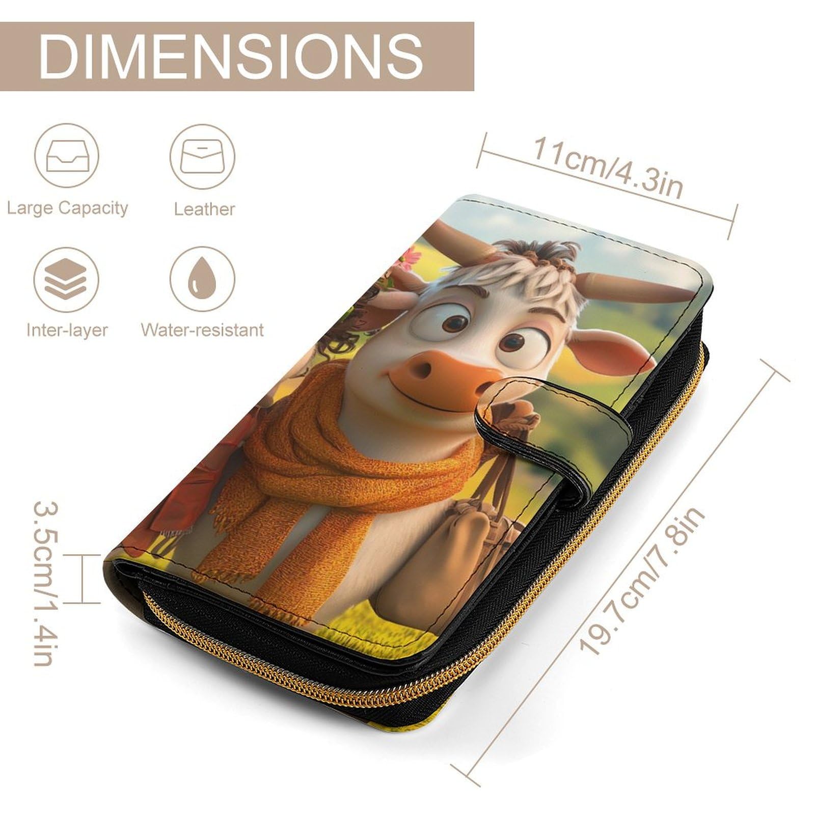Funny Cows Long Wallet PU Leather Credit Card Holder Durable Zippered Purse Clutch Wallet
