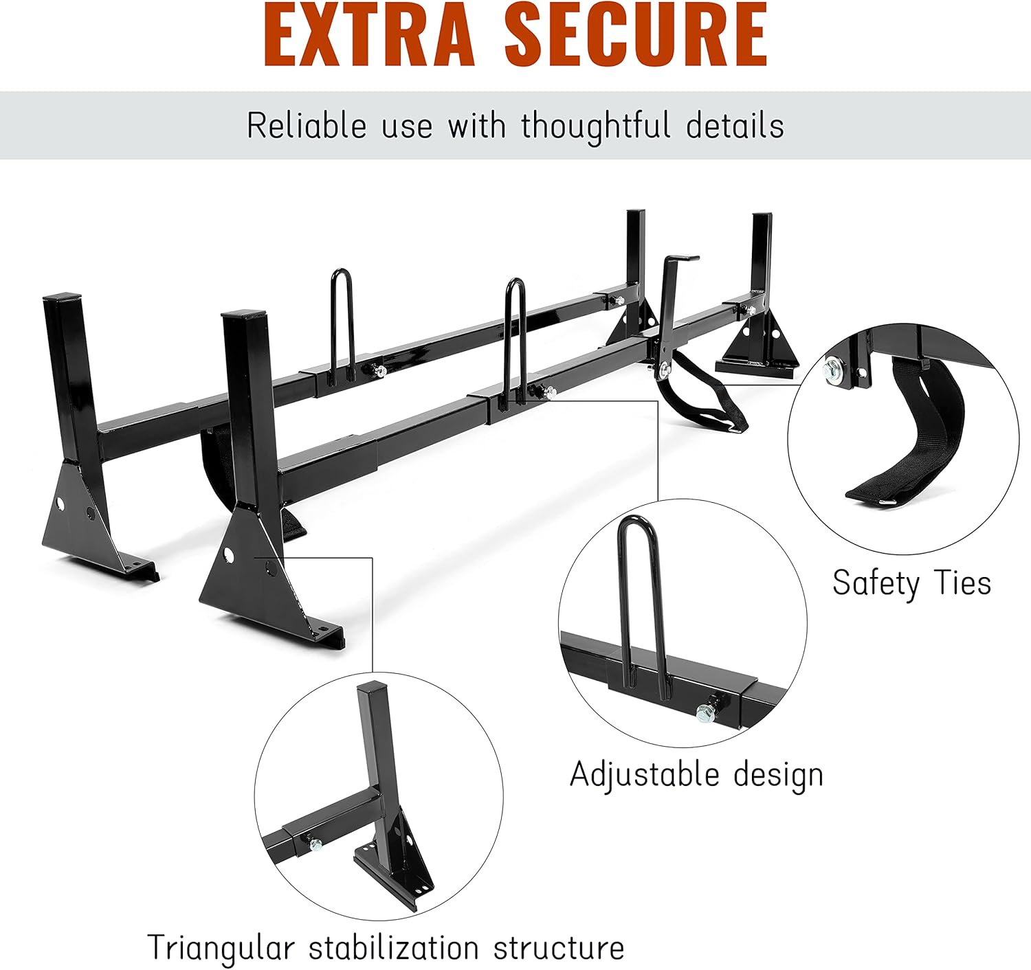 HECASA 700 LBS Universal 2 Bars Roof Rack Mount Full-Size Vans Compatible with Chevy Express Ford E-Series GMC Savana 68"-75" Adjustable Steel Rack Carry Ladders