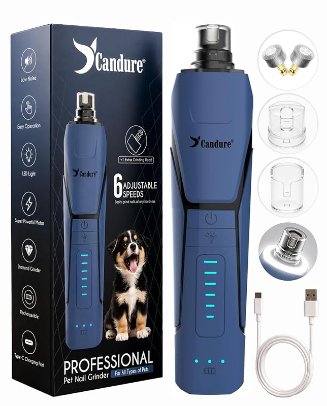Lixador de Unhas para Cães e Gatos Candure com LED 360° e 6 Velocidades, Recarregável USB-C (Dark Blue)
