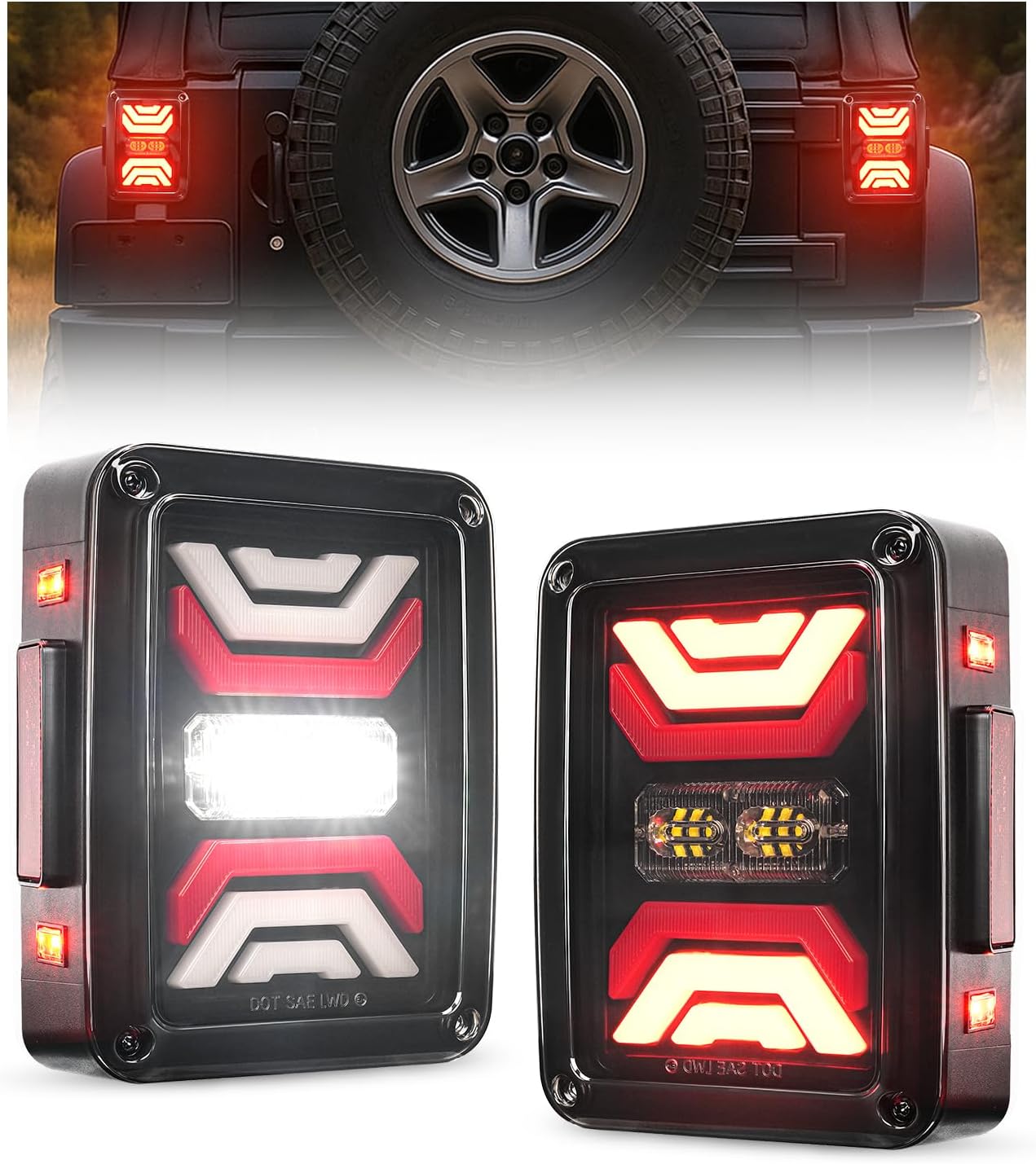 LED Tail Lights Compatible with 2007-2018 Jeep Wrangler JK JKU Sport Sahara Rubicon,DOT Approved Super Bright Reverse,Plug&Play Brake Turn Signal Running Lights,2 PCS