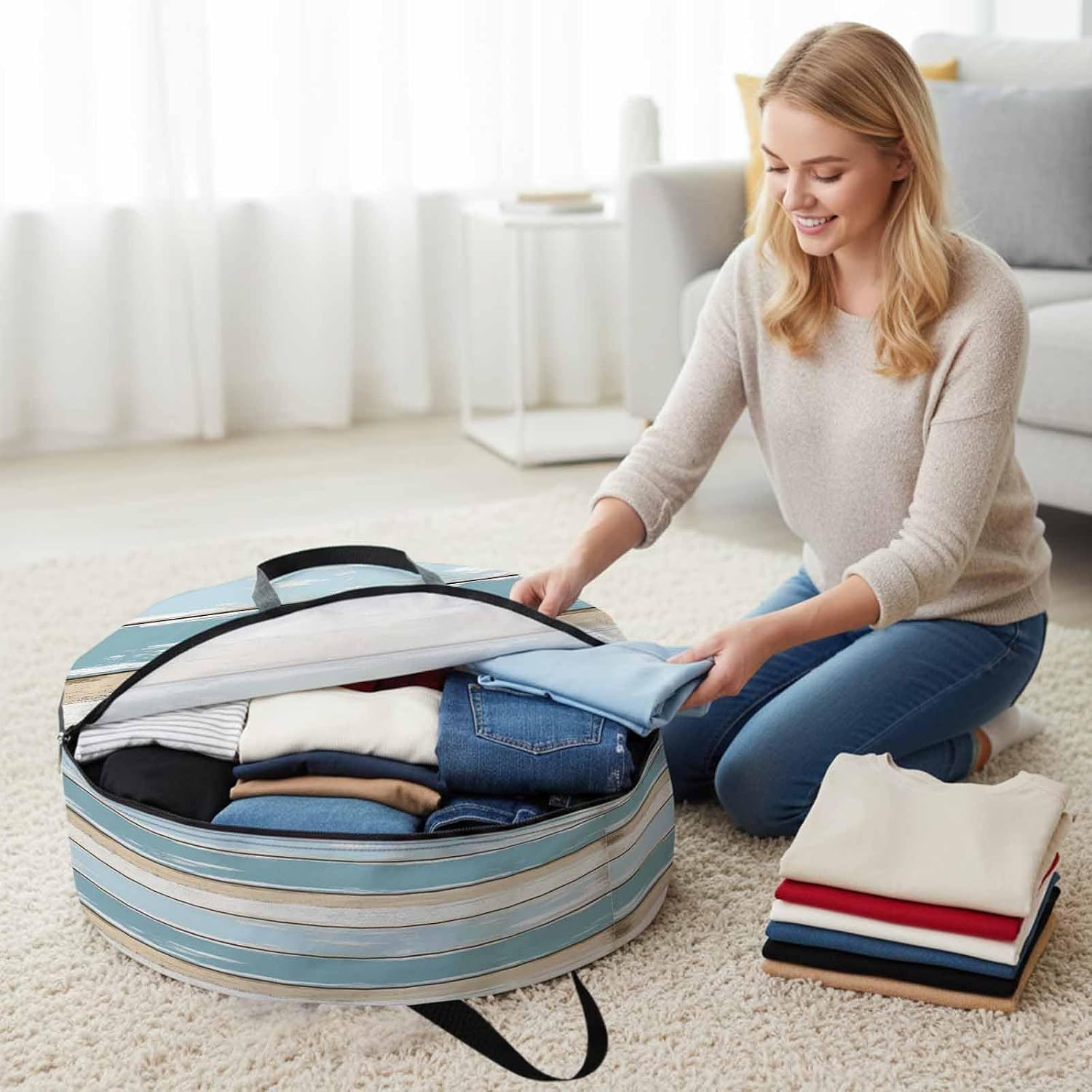 Blue Beige Wood Grain Round Storage Bag 24 Inch, Vintage Board Farmhouse Retro Clothes Storage Container with Handles Heavy Duty Organizer for Comforter, Bedding & Holiday Wreaths