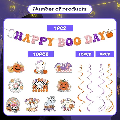 Miniatura 3 de Decoraciones de fiesta de Feliz Boo Day  NOVBAUB 25 piezas de decoración de cumpleaños de Halloween, remolinos colgantes, despedida de soltera,