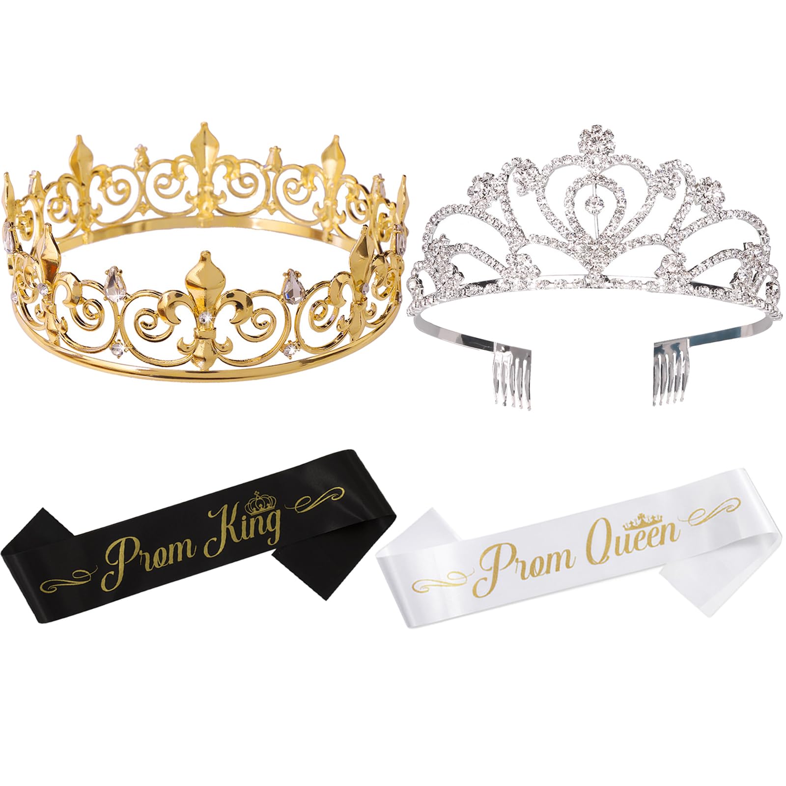 AMind4U 2Pcs Kings Crown Prom King and Queen Crowns with Sashes for Men Women Birthday Wedding Halloween Bridegroom Bride Princess Party Favors (Gold & Silver), one size, metal