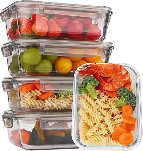 Paquete de 5 recipientes de almacenamiento de vidrio, contenedor de alimentos de vidrio con tapa, lonchera, caja bento, caja de almacenamiento,