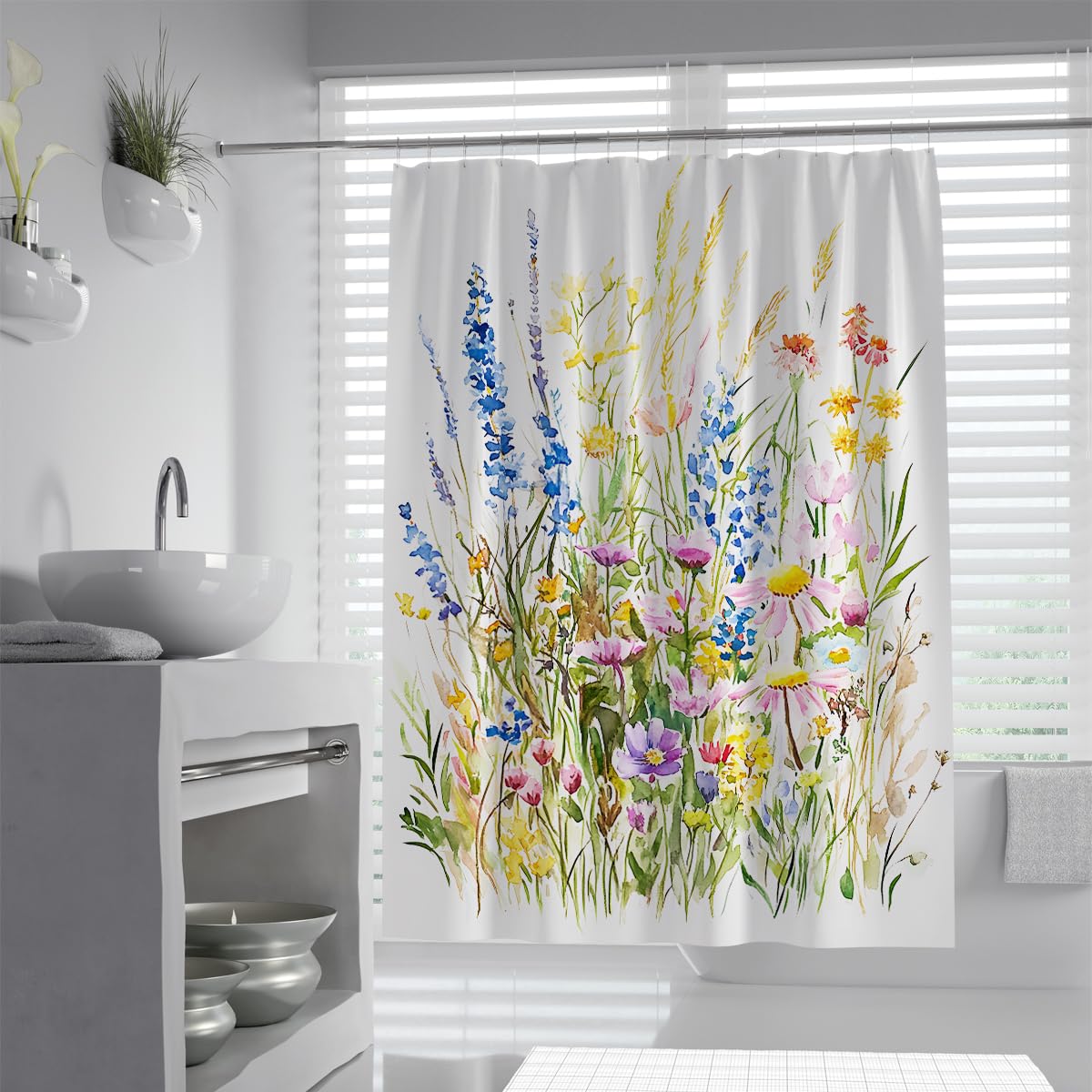 UIRINGART Blue Pink Shower Curtain W180xL180cm Watercolor Meadow Floral Print Water Resistant Polyester Anti Mildew Quick Dry Bathroom Divider with Hooks