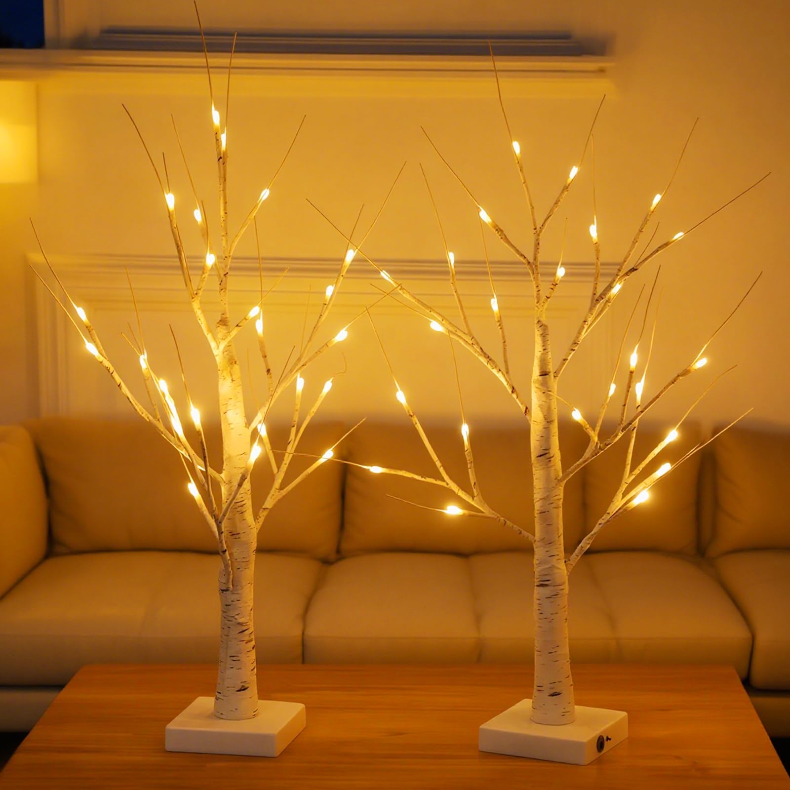 LED Tree Lights, 2 Pieces Tree Light with 24 Warm White LEDs, Birch Light Indoor, Decorative Illuminated for Christmas, Easter, Home, Party, Birthday