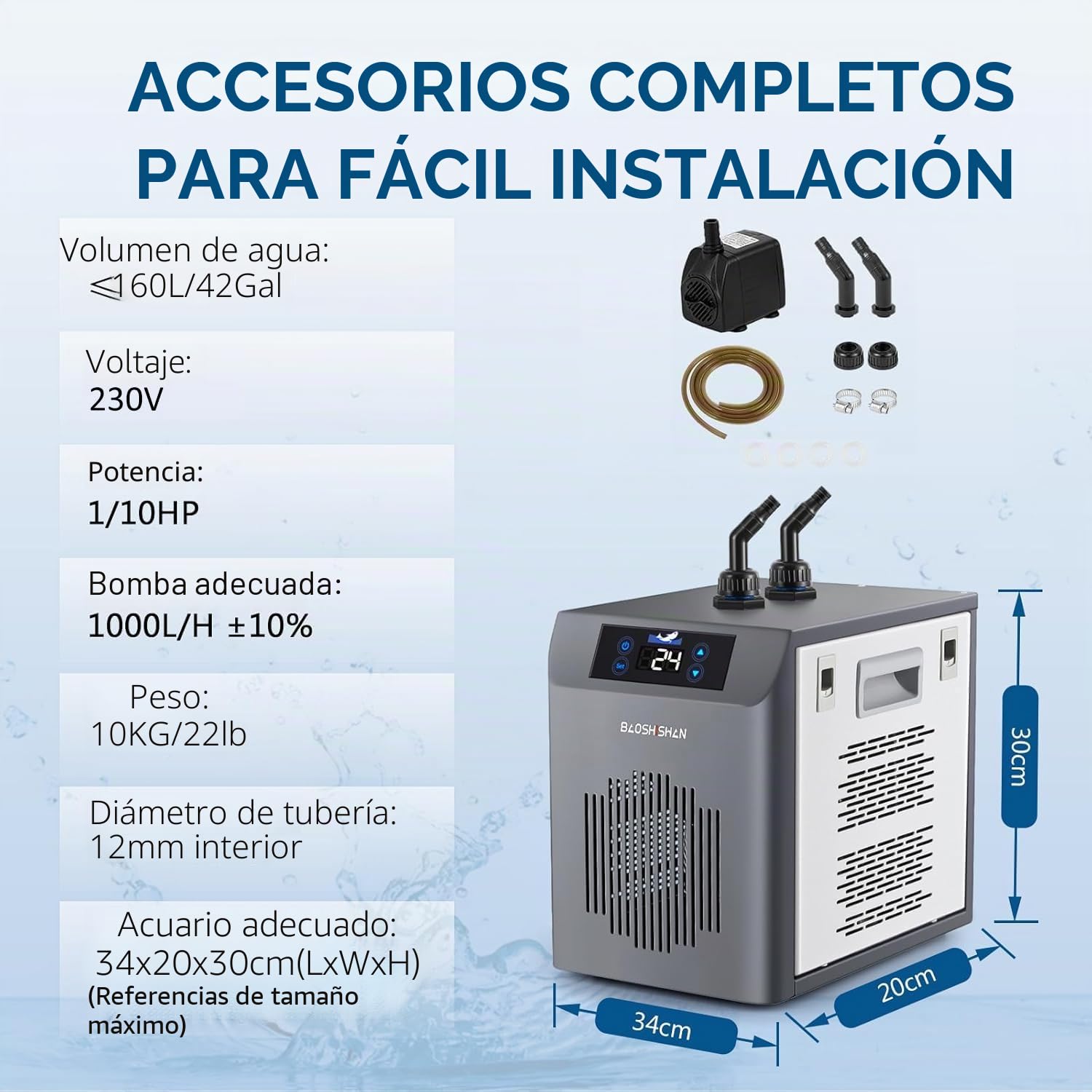 BAOSHISHAN Enfriador de agua para acuarios 20-26°C Enfriador de acuarios con pantalla táctil para pecera de 160 litros