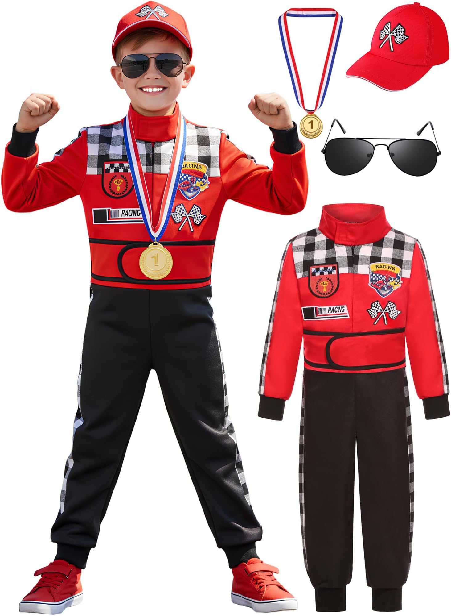 Kids Race Car Driver Costume Boys Racer Jumpsuit With Car Cap Halloween