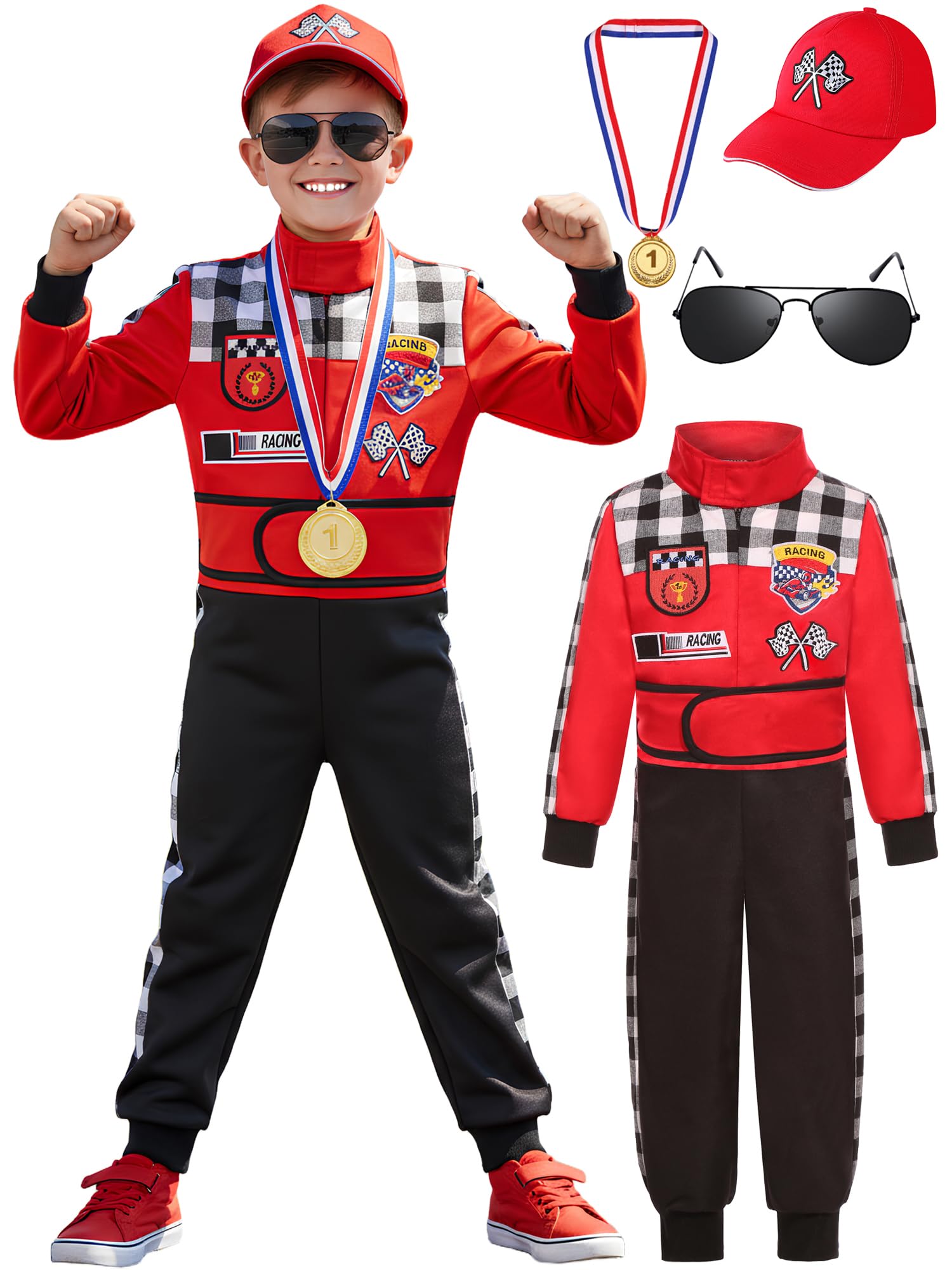 Bordazor Kids Race Car Driver Costume Boys Racer Jumpsuit With Car Cap Halloween